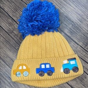 Blue and yellow knit truck themed 0-3 hat